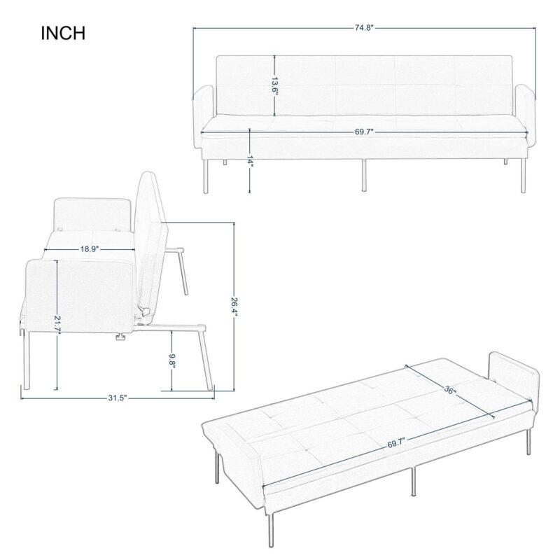 BSHTI 74.8a Futon Sofa Bed,Dark Gray Polyester Upholstered,Twin Size Convertible Sofa,5 Adjustable Positions Backrest for Living Room,Office,Small Apartment - Image 6