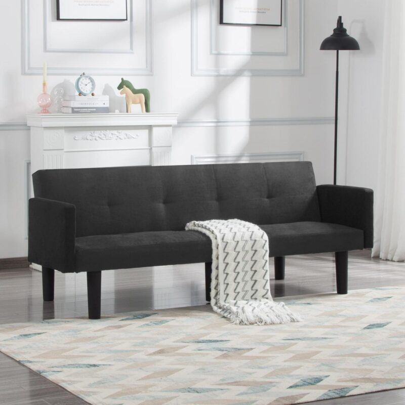 BSHTI 74.8a Futon Sofa Bed,Dark Gray Faux Suede Upholstered,Twin Size Convertible Sofa,3 Adjustable Backrest Positions,Home,Office,and Guest Room