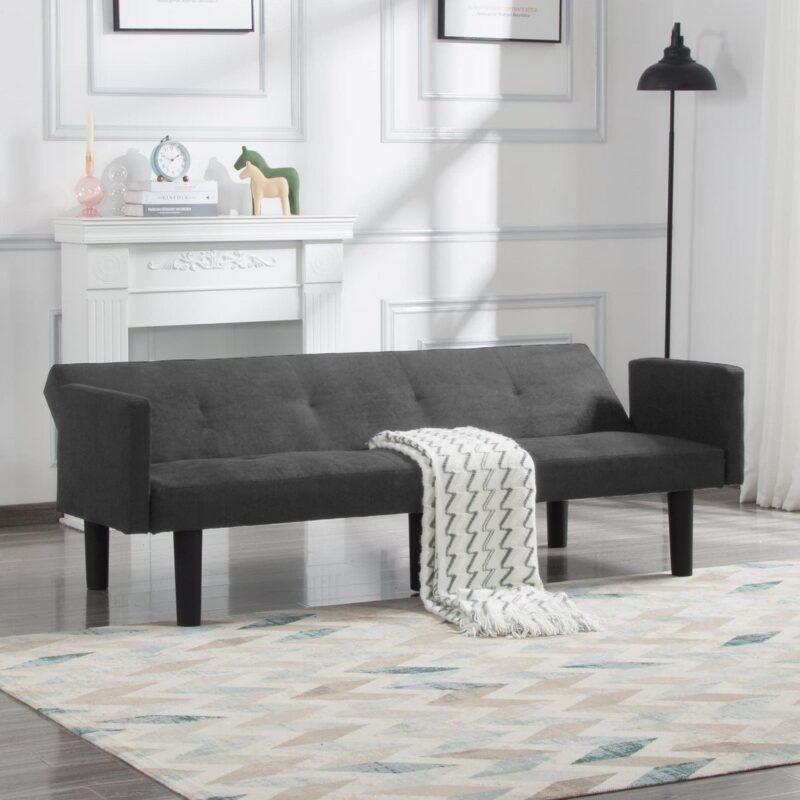 BSHTI 74.8a Futon Sofa Bed,Dark Gray Faux Suede Upholstered,Twin Size Convertible Sofa,3 Adjustable Backrest Positions,Home,Office,and Guest Room - Image 4