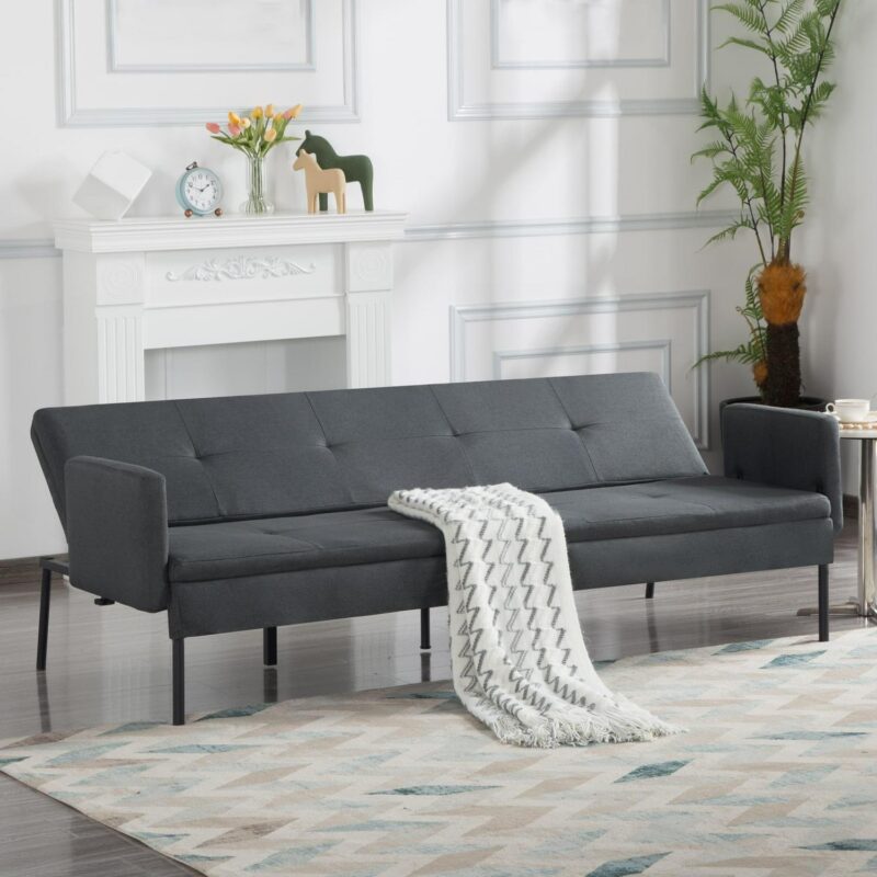 BSHTI 74.8a Futon Sofa Bed,Dark Gray Polyester Upholstered,Twin Size Convertible Sofa,5 Adjustable Positions Backrest for Living Room,Office,Small Apartment - Image 4