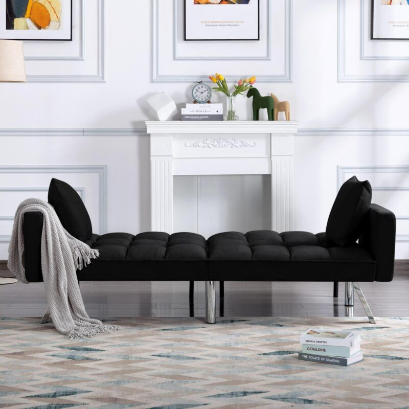 BSHTI 74a Tufted Futon Sofa Bed,Twin Size Black Velvet Fabric Sleeper Sofa,3 Angles for Adjusting Sofa,for your Home,Office,and Guest Room - Image 6