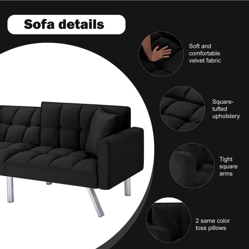 BSHTI 74a Tufted Futon Sofa Bed,Twin Size Black Velvet Fabric Sleeper Sofa,3 Angles for Adjusting Sofa,for your Home,Office,and Guest Room - Image 10
