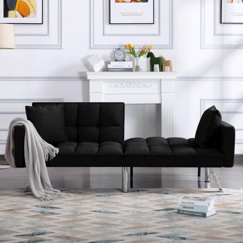BSHTI 74a Tufted Futon Sofa Bed,Twin Size Black Velvet Fabric Sleeper Sofa,3 Angles for Adjusting Sofa,for your Home,Office,and Guest Room - Image 5
