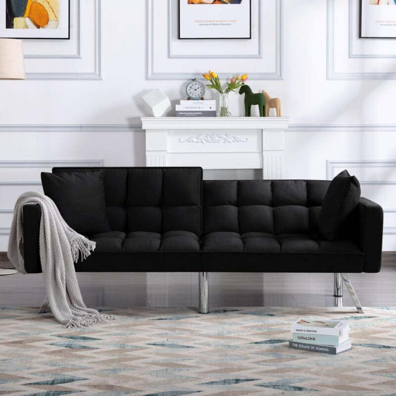 BSHTI 74a Tufted Futon Sofa Bed,Twin Size Black Velvet Fabric Sleeper Sofa,3 Angles for Adjusting Sofa,for your Home,Office,and Guest Room - Image 4