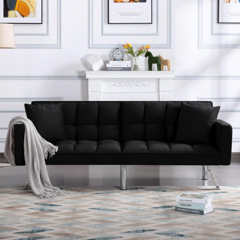 BSHTI 74a Tufted Futon Sofa Bed,Twin Size Black Velvet Fabric Sleeper Sofa,3 Angles for Adjusting Sofa,for your Home,Office,and Guest Room - Image 3