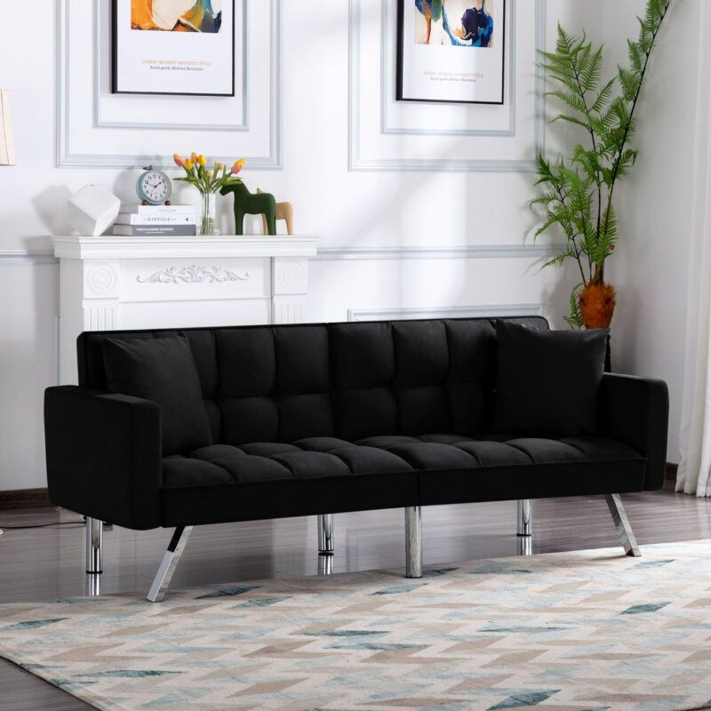 BSHTI 74a Tufted Futon Sofa Bed,Twin Size Black Velvet Fabric Sleeper Sofa,3 Angles for Adjusting Sofa,for your Home,Office,and Guest Room