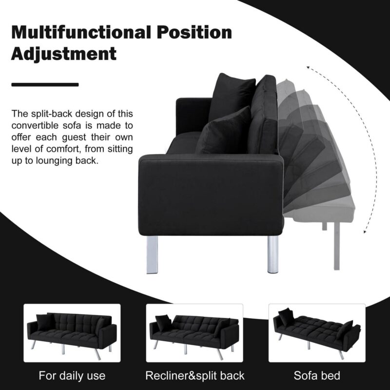 BSHTI 74a Tufted Futon Sofa Bed,Twin Size Black Velvet Fabric Sleeper Sofa,3 Angles for Adjusting Sofa,for your Home,Office,and Guest Room - Image 8
