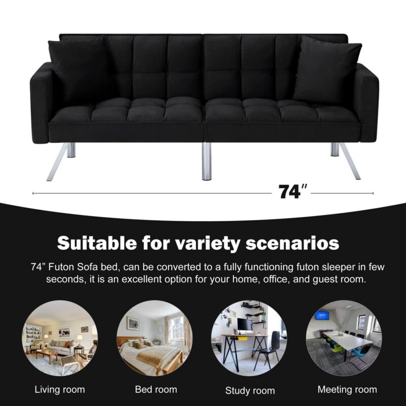 BSHTI 74a Tufted Futon Sofa Bed,Twin Size Black Velvet Fabric Sleeper Sofa,3 Angles for Adjusting Sofa,for your Home,Office,and Guest Room - Image 11
