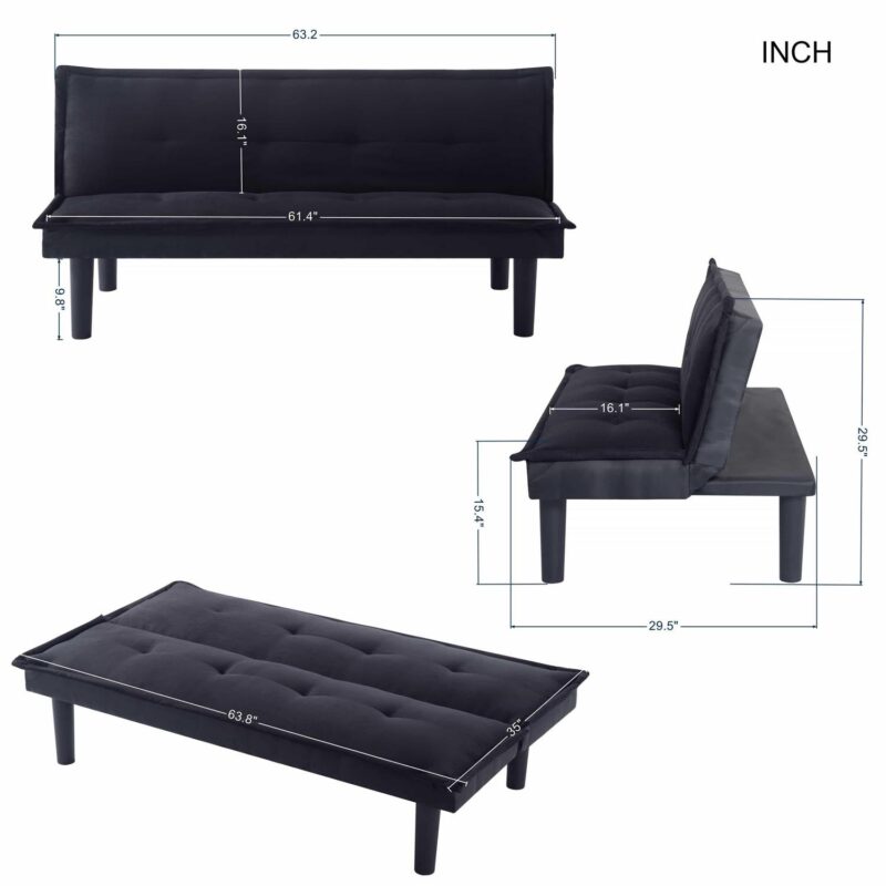 BSHTI Futon Convertible Sofa Bed,3 Adjustable Backrest Positions,Upholstered with Faux Suede,Twin Size Futon Sleeper Sofa(Black) - Image 2