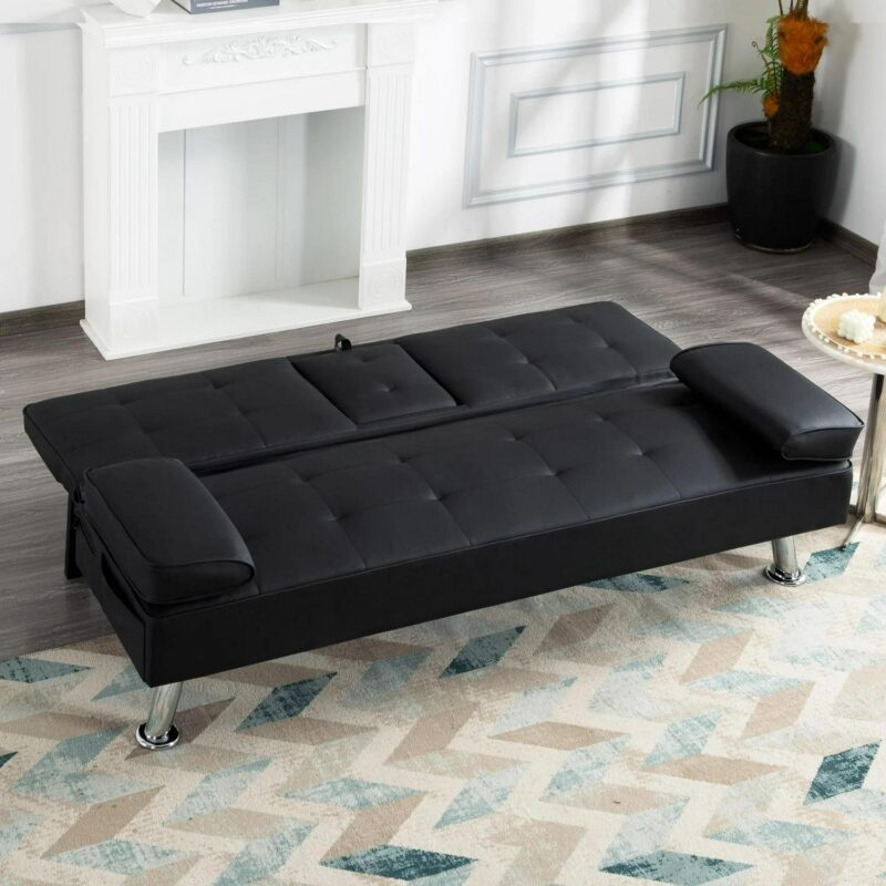 BSHTI Futon Convertible Sleeper Sofa Bed,With 3-Position Adjustable Backrest,Upholstered in PU Fabric,a Side Storage Pocket,Twin-Size Sleeper Sofa,Black - Image 6