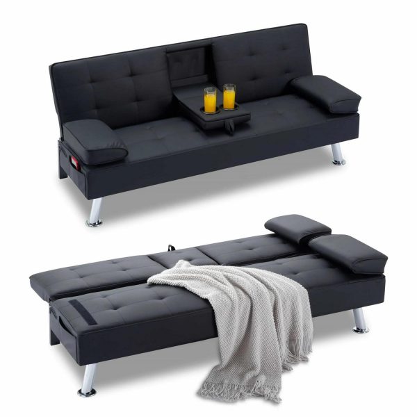 BSHTI Futon Convertible Sleeper Sofa Bed,With 3-Position Adjustable Backrest,Upholstered in PU Fabric,a Side Storage Pocket,Twin-Size Sleeper Sofa,Black