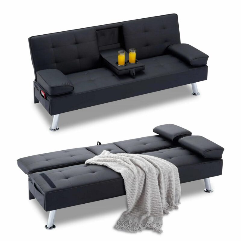 BSHTI Futon Convertible Sleeper Sofa Bed,With 3-Position Adjustable Backrest,Upholstered in PU Fabric,a Side Storage Pocket,Twin-Size Sleeper Sofa,Black