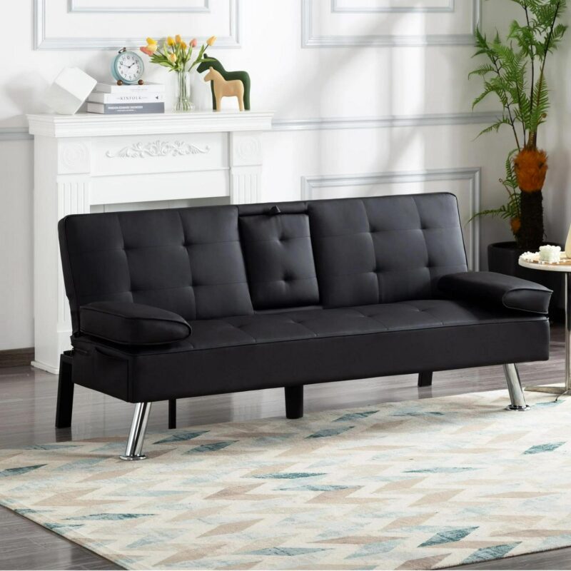BSHTI Futon Convertible Sleeper Sofa Bed,With 3-Position Adjustable Backrest,Upholstered in PU Fabric,a Side Storage Pocket,Twin-Size Sleeper Sofa,Black - Image 4