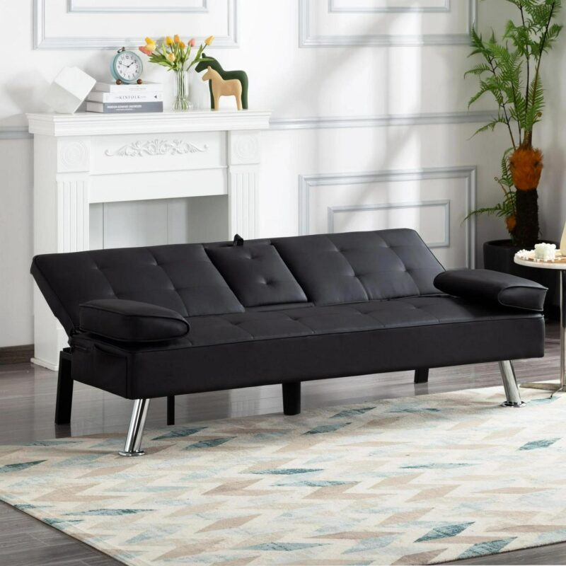 BSHTI Futon Convertible Sleeper Sofa Bed,With 3-Position Adjustable Backrest,Upholstered in PU Fabric,a Side Storage Pocket,Twin-Size Sleeper Sofa,Black - Image 5
