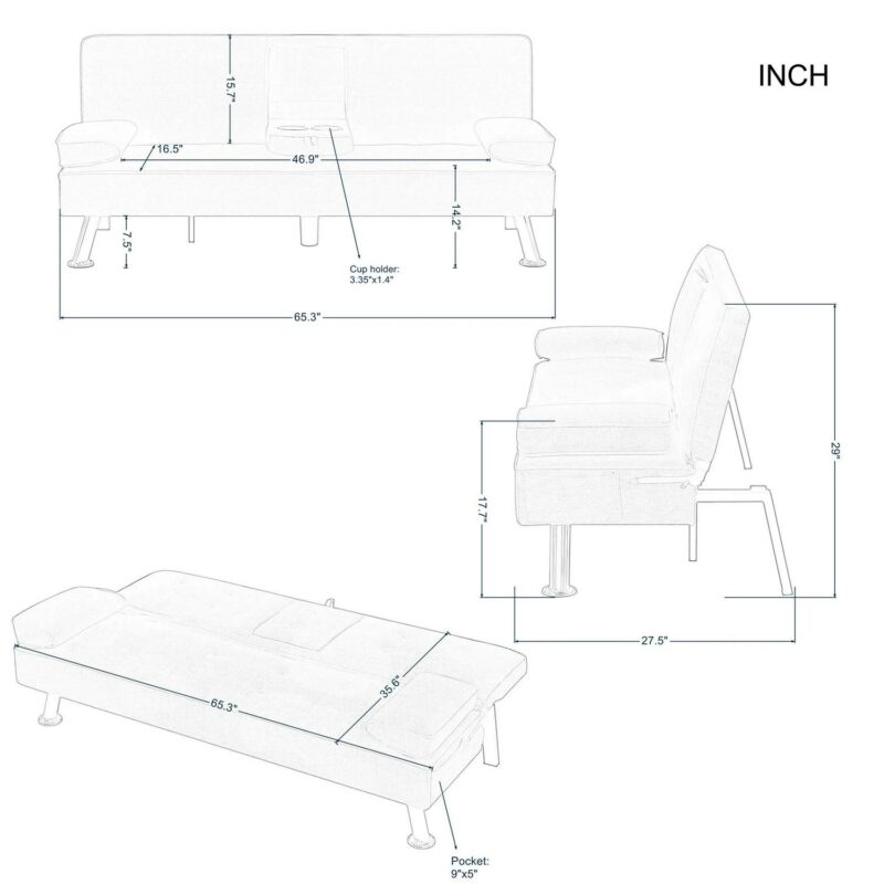BSHTI Futon Convertible Sleeper Sofa Bed,With 3-Position Adjustable Backrest,Upholstered in PU Fabric,a Side Storage Pocket,Twin-Size Sleeper Sofa,Black - Image 7
