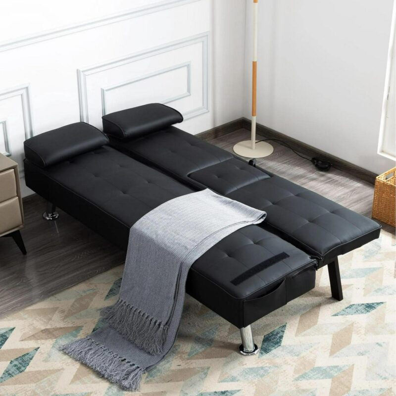BSHTI Futon Convertible Sleeper Sofa Bed,With 3-Position Adjustable Backrest,Upholstered in PU Fabric,a Side Storage Pocket,Twin-Size Sleeper Sofa,Black - Image 3