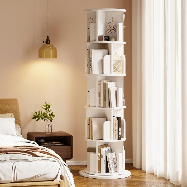 Bapipro Rotating Bookshelf, 360 Display 5 Tier, Small Corner Bookshelf for Small Space, Floor Standing Bookcase Storage Rack, Wood Narrow Book Shelf Organizer for Bedroom, Living Room, White