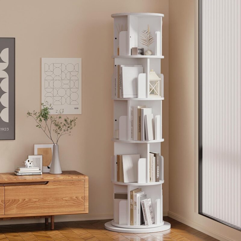 Bapipro Rotating Bookshelf, 360 Display 5 Tier, Small Corner Bookshelf for Small Space, Floor Standing Bookcase Storage Rack, Wood Narrow Book Shelf Organizer for Bedroom, Living Room, White - Image 6
