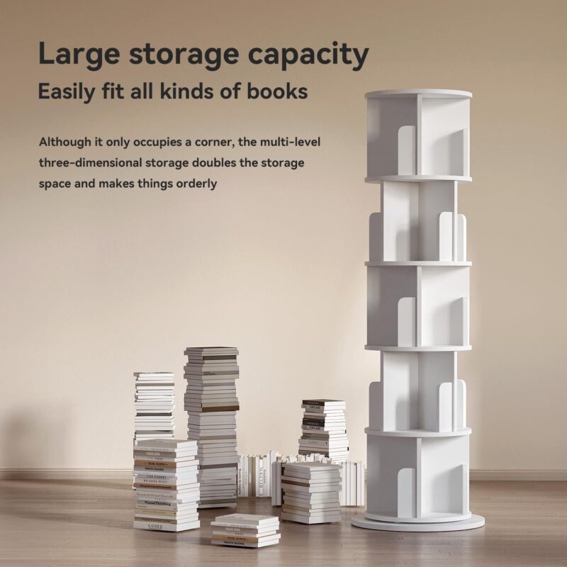 Bapipro Rotating Bookshelf, 360 Display 5 Tier, Small Corner Bookshelf for Small Space, Floor Standing Bookcase Storage Rack, Wood Narrow Book Shelf Organizer for Bedroom, Living Room, White - Image 3