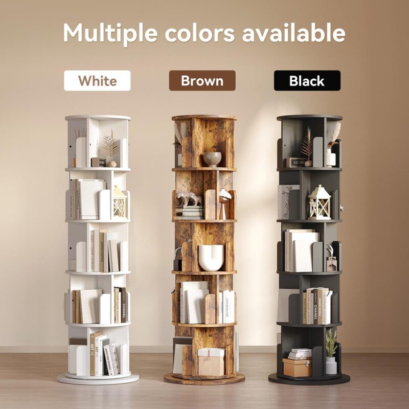 Bapipro Rotating Bookshelf, 360 Display 5 Tier, Small Corner Bookshelf for Small Space, Floor Standing Bookcase Storage Rack, Wood Narrow Book Shelf Organizer for Bedroom, Living Room, White - Image 4
