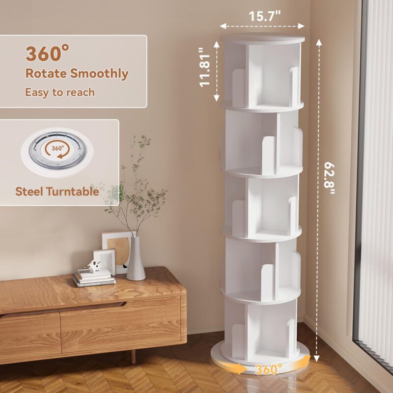 Bapipro Rotating Bookshelf, 360 Display 5 Tier, Small Corner Bookshelf for Small Space, Floor Standing Bookcase Storage Rack, Wood Narrow Book Shelf Organizer for Bedroom, Living Room, White - Image 2