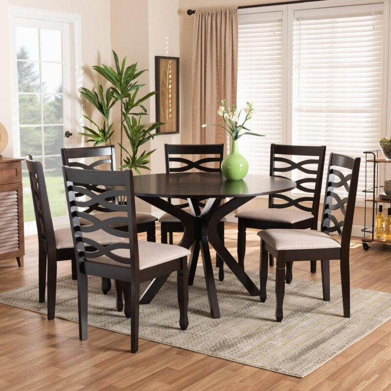 Baxton Studio Lanier Modern and Contemporary Sand Fabric Upholstered Dark Brown Finished 2-Piece Wood Dining Chair Set