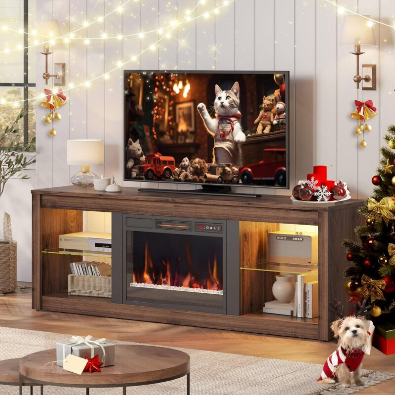 Bestier Modern Electric 7 Color LED Fireplace TV Stand for TVs up to 70 , Walnut - Image 15