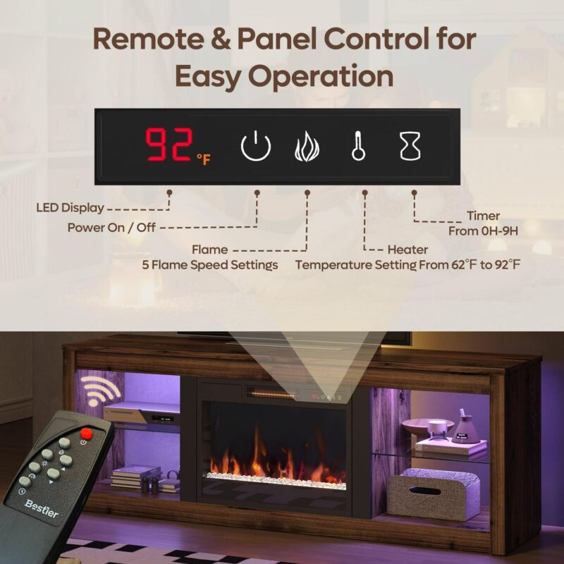 Bestier Modern Electric 7 Color LED Fireplace TV Stand for TVs up to 70 , Walnut - Image 5