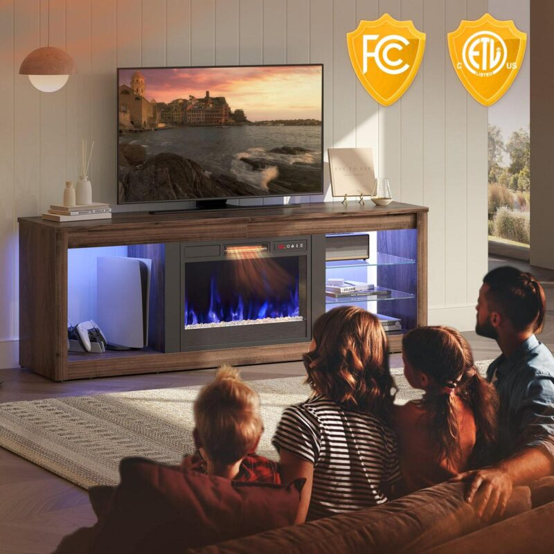 Bestier Modern Electric 7 Color LED Fireplace TV Stand for TVs up to 70 , Walnut - Image 2