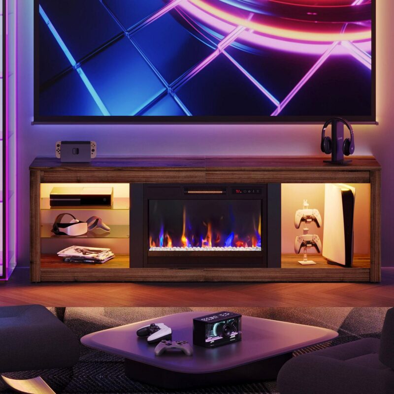 Bestier Modern Electric 7 Color LED Fireplace TV Stand for TVs up to 70 , Walnut - Image 3