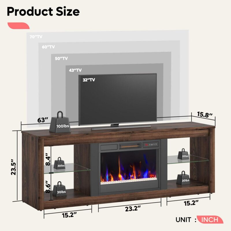 Bestier Modern Electric 7 Color LED Fireplace TV Stand for TVs up to 70 , Walnut - Image 11