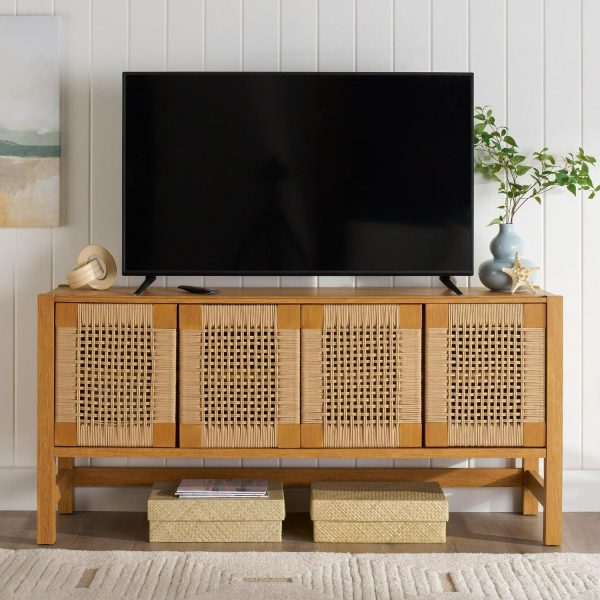 Better Homes and Gardens Vista Woven Coastal TV Stand for TVs up to 65 , Light Honey