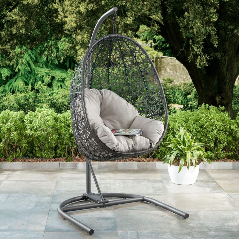 Better Homes and Gardens Outdoor Lantis Patio Wicker Hanging Egg Chair with Stand - Brown Wicker, Beige Cushion - Image 3