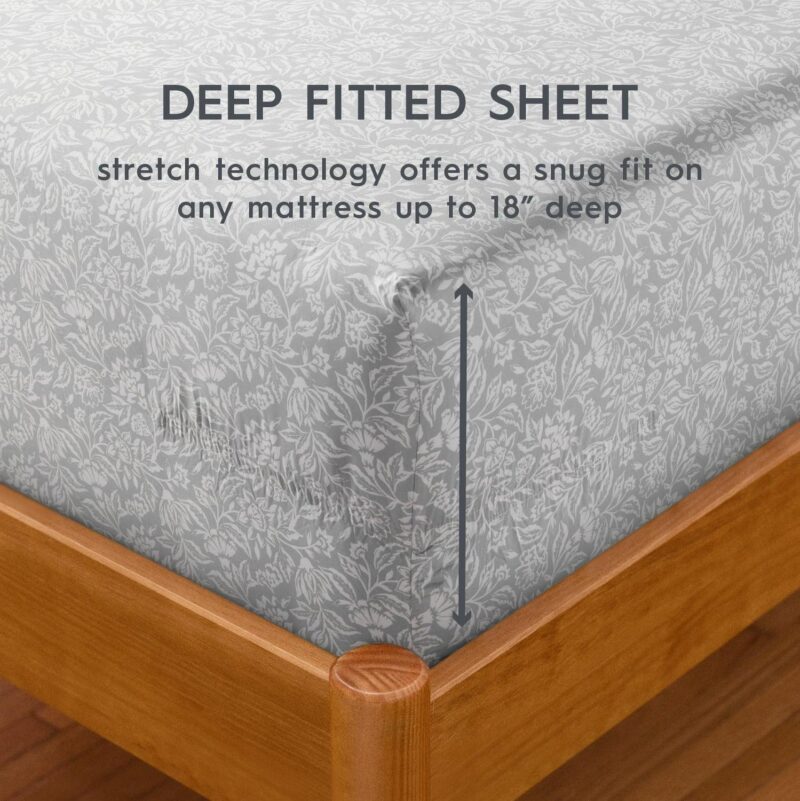 Better Homes and Gardens 4-Piece 300 Thread Count Floral Soft Silver Cotton Sateen Bed Sheet Set, King - Image 4