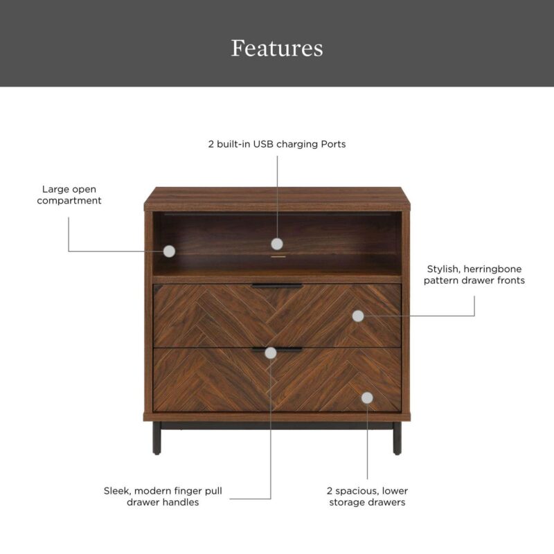 Better Homes and Gardens Wyatt Geo 2-Drawer Nightstand with USB, Walnut Finish - Image 2