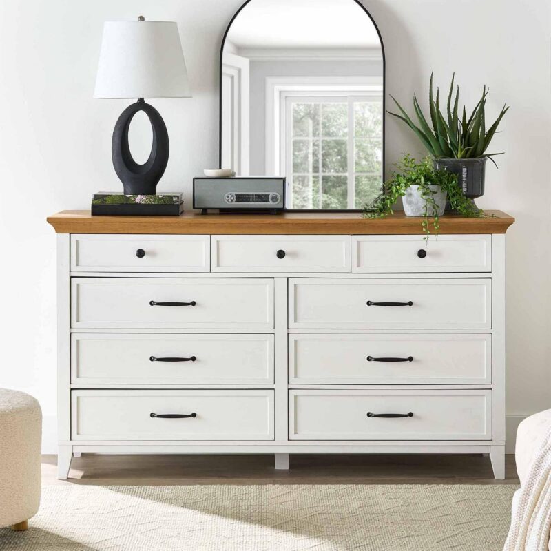 Better Homes and Gardens Canton 9 Drawer Dresser, Textured White and Light Honey
