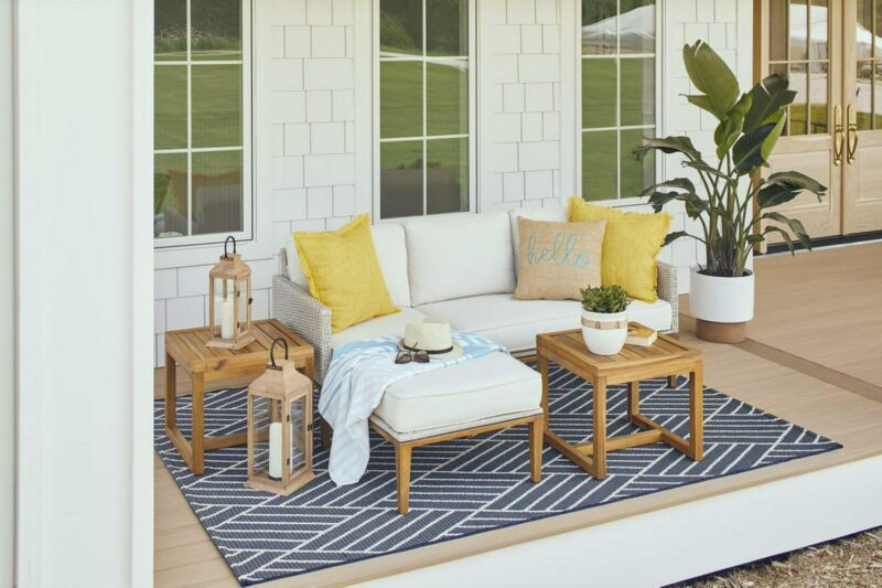 Better Homes and Gardens Outdoor Davenport 5pcs Sofa Lounger with Two Acacia Wood Table with Cushions - White - Image 3