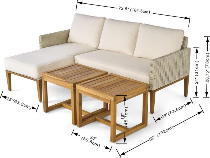 Better Homes and Gardens Outdoor Davenport 5pcs Sofa Lounger with Two Acacia Wood Table with Cushions - White - Image 9