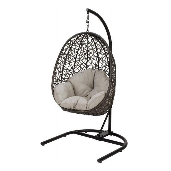 Better Homes and Gardens Outdoor Lantis Patio Wicker Hanging Egg Chair with Stand - Brown Wicker, Beige Cushion
