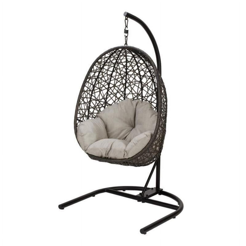 Better Homes and Gardens Outdoor Lantis Patio Wicker Hanging Egg Chair with Stand - Brown Wicker, Beige Cushion