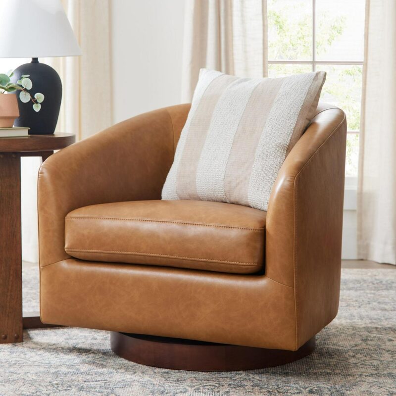 Better Homes and Gardens Bradford Wooden Base Swivel Chair, Chestnut Faux Leather - Image 3
