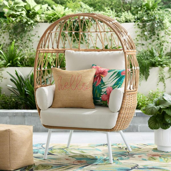Better Homes and Gardens Lilah Boho Outdoor Stationary Wicker Egg Chair; White Color Cushion