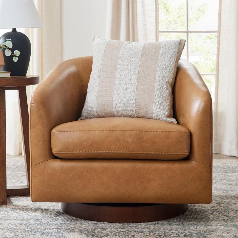 Better Homes and Gardens Bradford Wooden Base Swivel Chair, Chestnut Faux Leather - Image 4