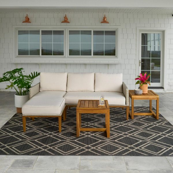 Better Homes and Gardens Outdoor Davenport 5pcs Sofa Lounger with Two Acacia Wood Table with Cushions - White