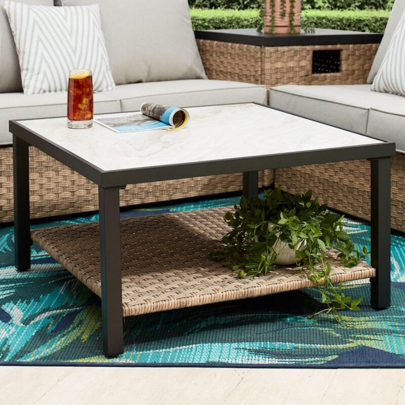 Better Homes and Gardens River Oaks Tile Top Coffee Table with All-Weather Wicker Shelf, White