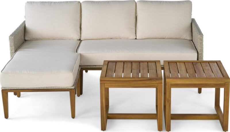 Better Homes and Gardens Outdoor Davenport 5pcs Sofa Lounger with Two Acacia Wood Table with Cushions - White - Image 7