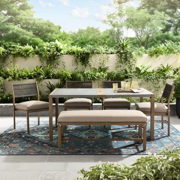 Better Homes and Gardens Tarren 6-Piece Steel Outdoor Dining Set with 4 Chairs, Bench, Table and Cushions, Gray/Tan