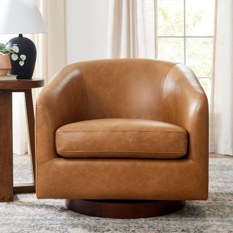 Better Homes and Gardens Bradford Wooden Base Swivel Chair, Chestnut Faux Leather - Image 2