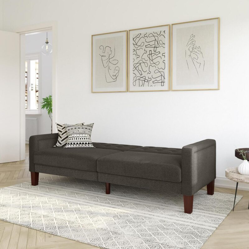 Better Homes and Gardens Porter Fabric Tufted Futon, Gray Linen - Image 3