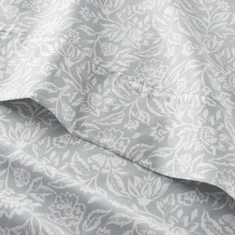 Better Homes and Gardens 4-Piece 300 Thread Count Floral Soft Silver Cotton Sateen Bed Sheet Set, King - Image 6